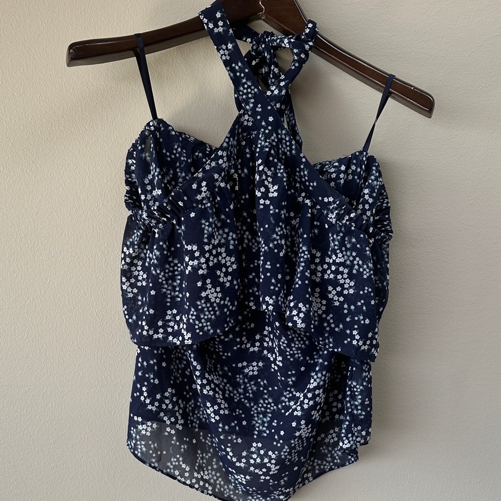 Michael Kors Navy Blue Floral halter or off the shoulder blouse